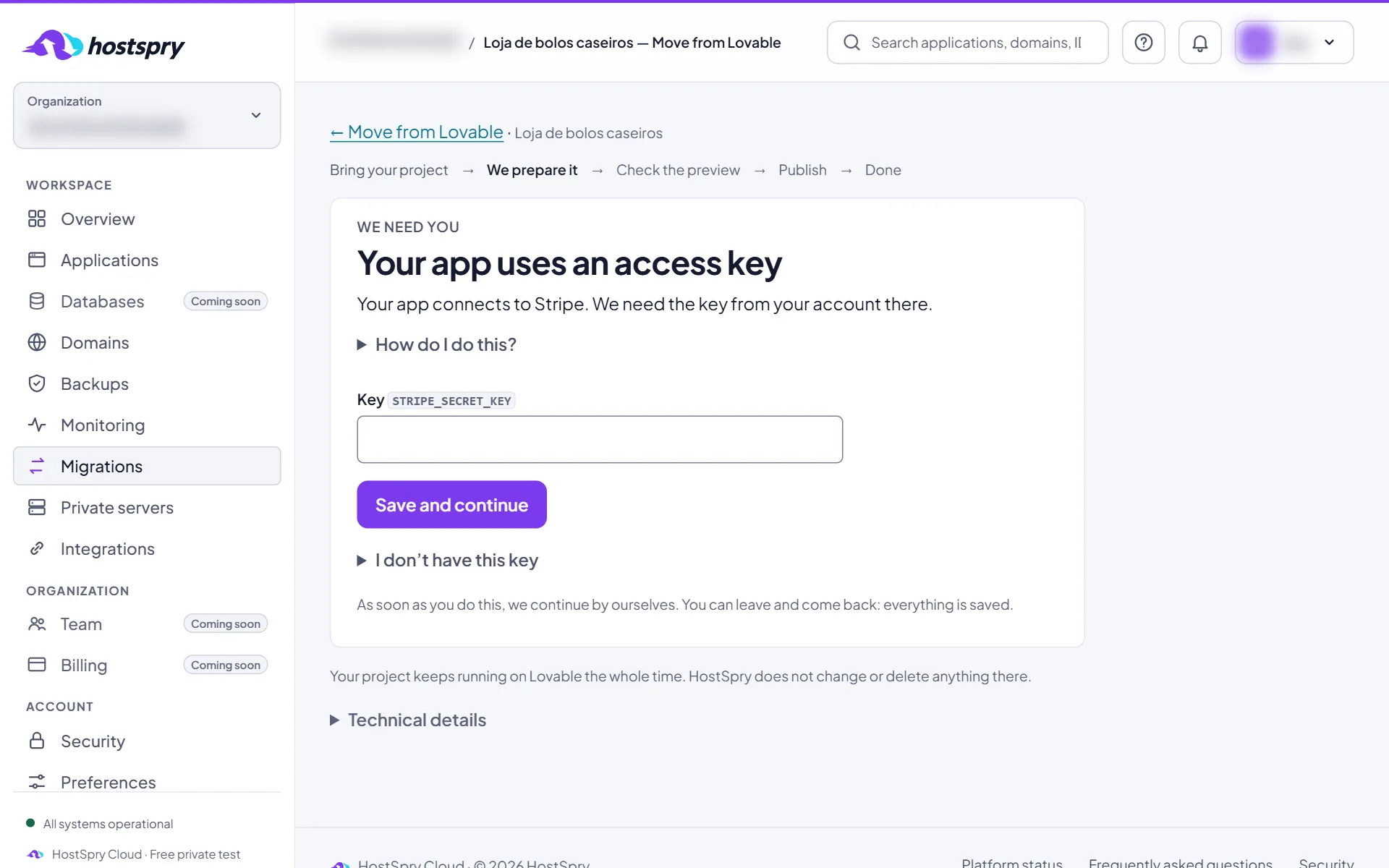 Screenshot: Service keys