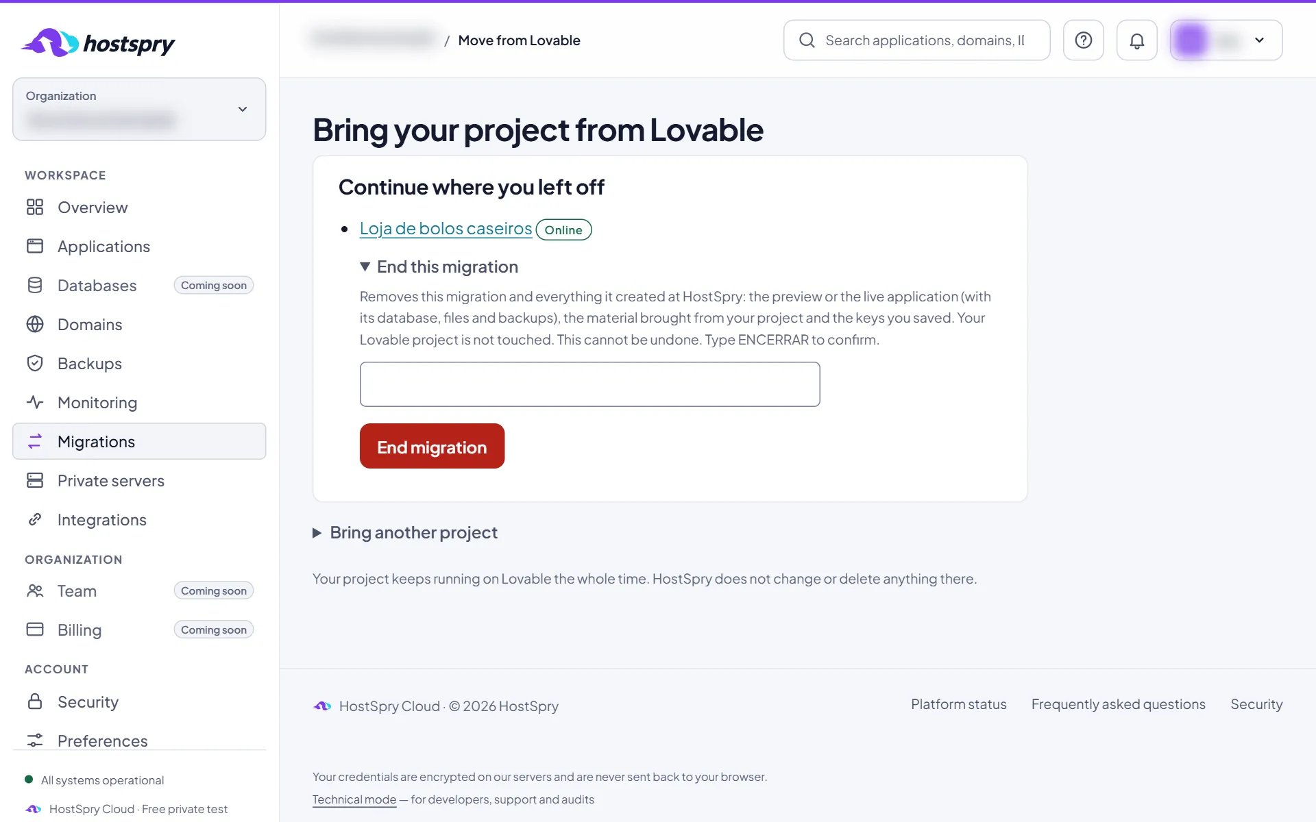 Screenshot: End a Lovable migration