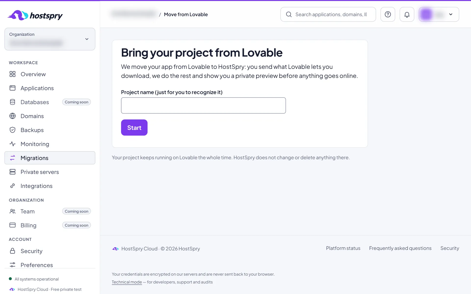 Screenshot: Start the migration