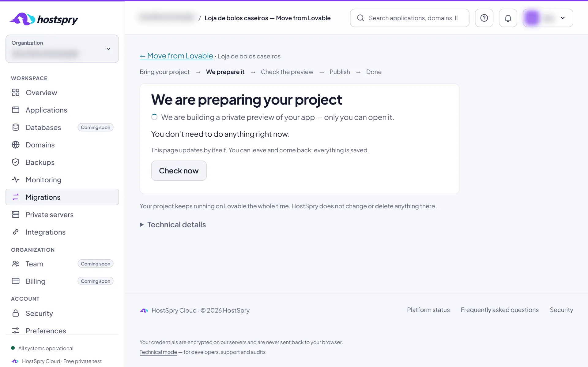 Screenshot: HostSpry prepares it