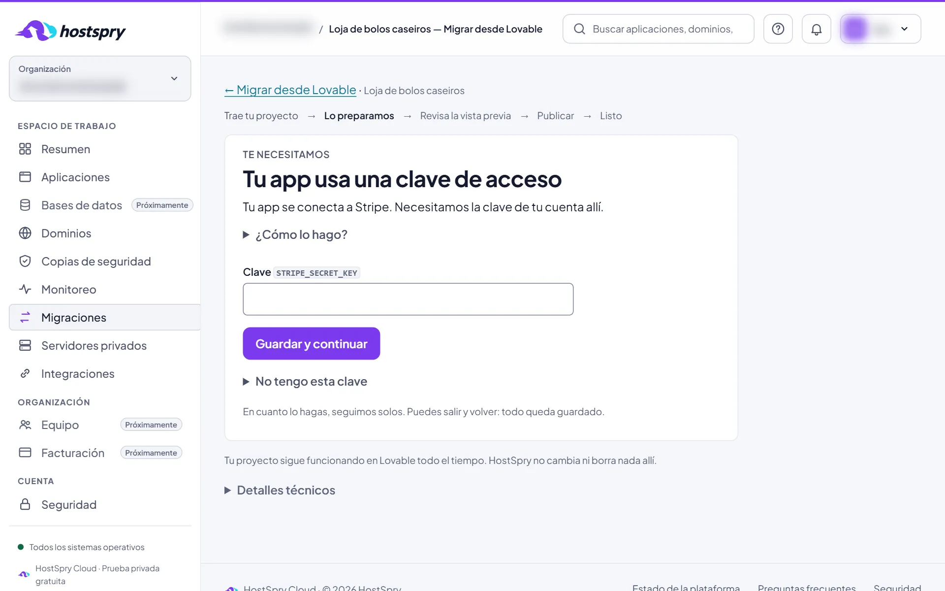 Captura de pantalla: Claves de servicios