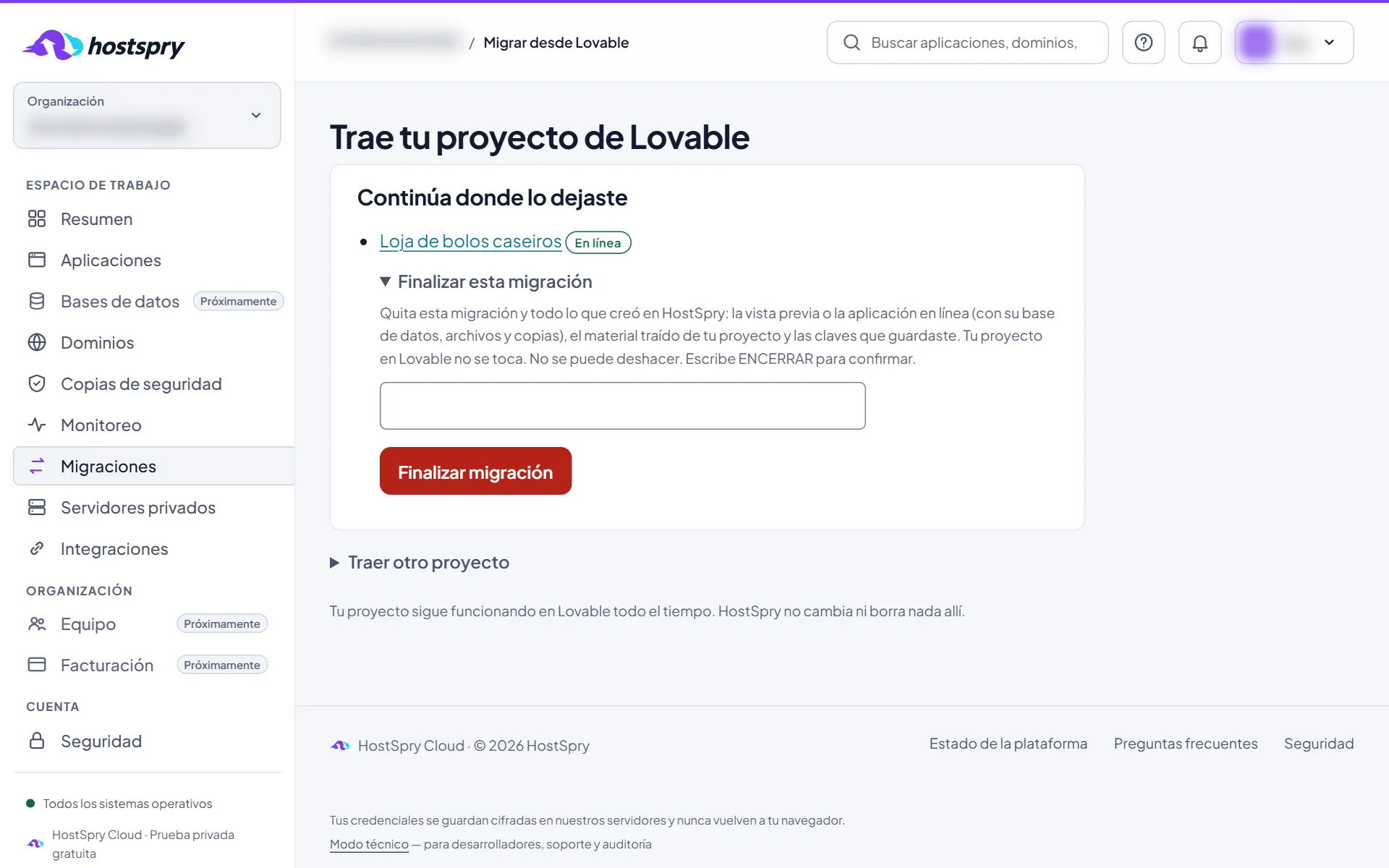 Captura de pantalla: Finalizar una migración de Lovable