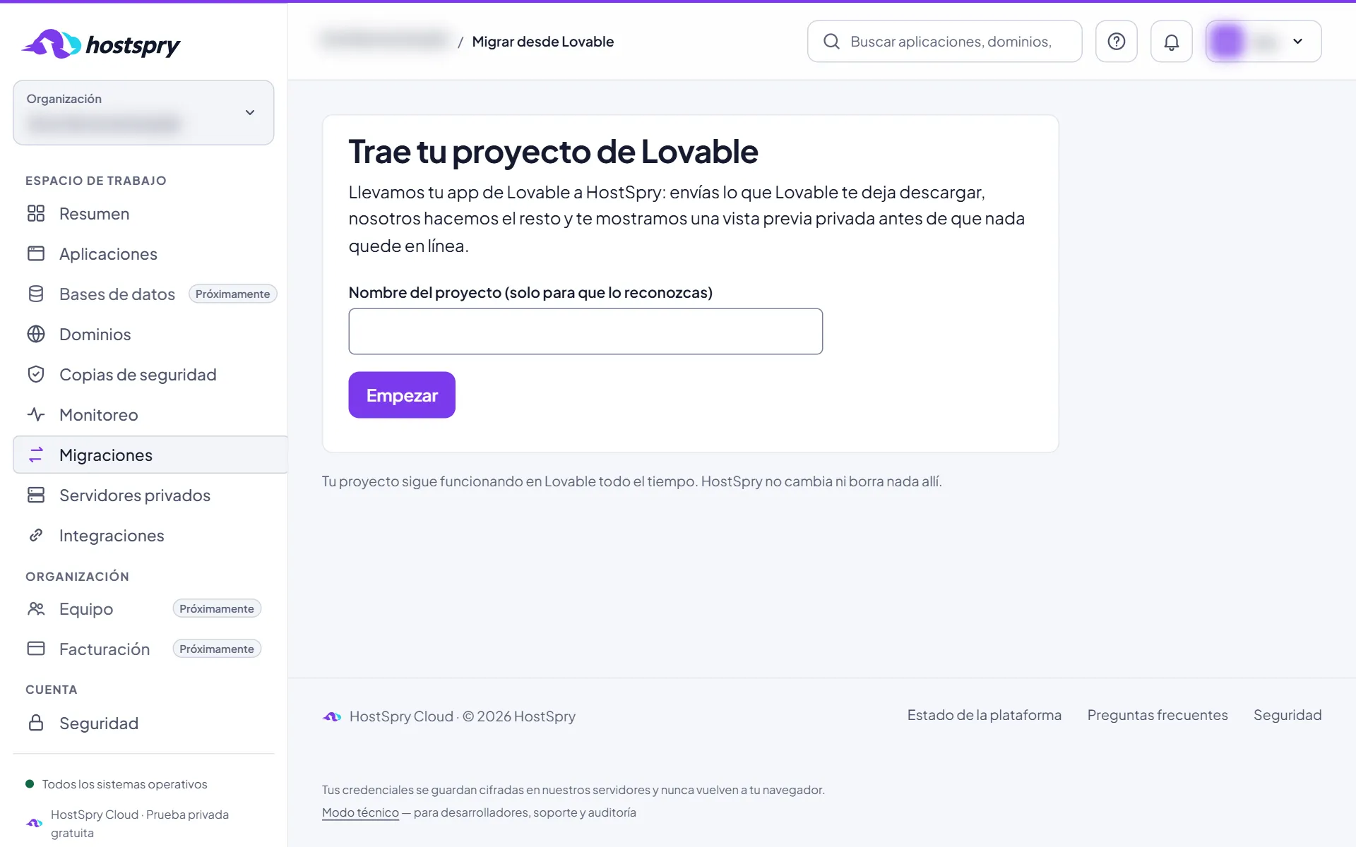 Captura de pantalla: Empieza la migración