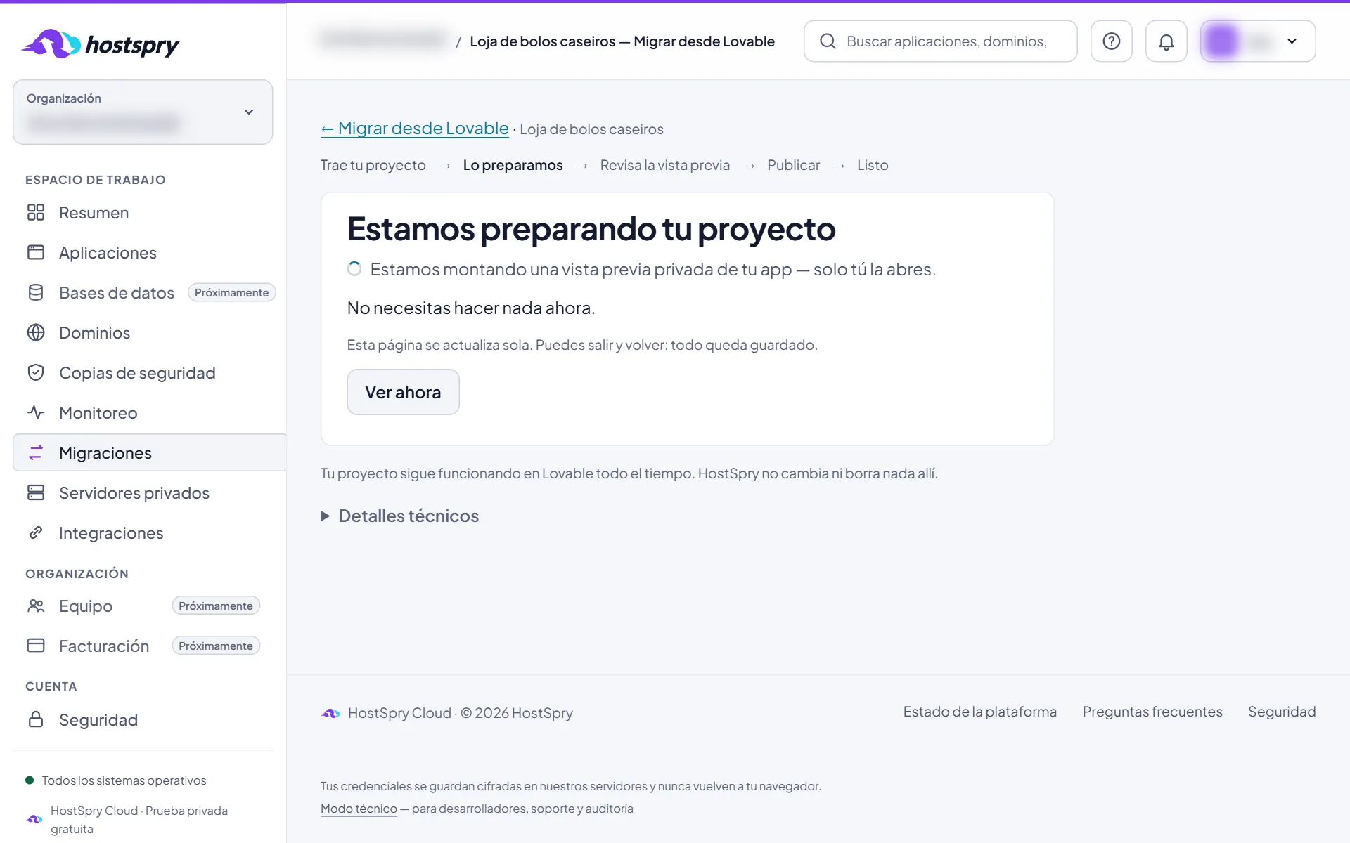 Captura de pantalla: HostSpry lo prepara
