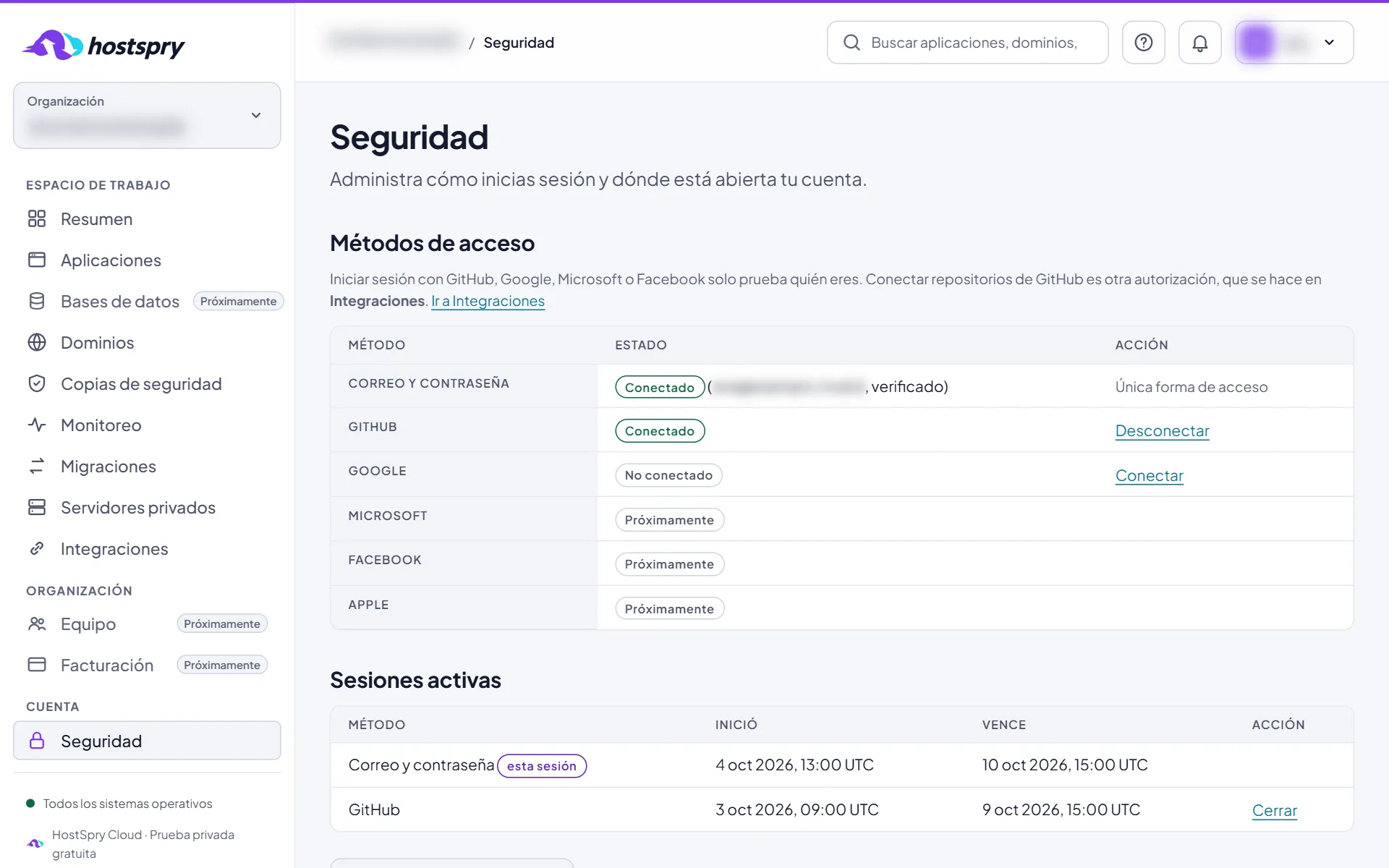 Captura de pantalla: Formas de entrar y sesiones