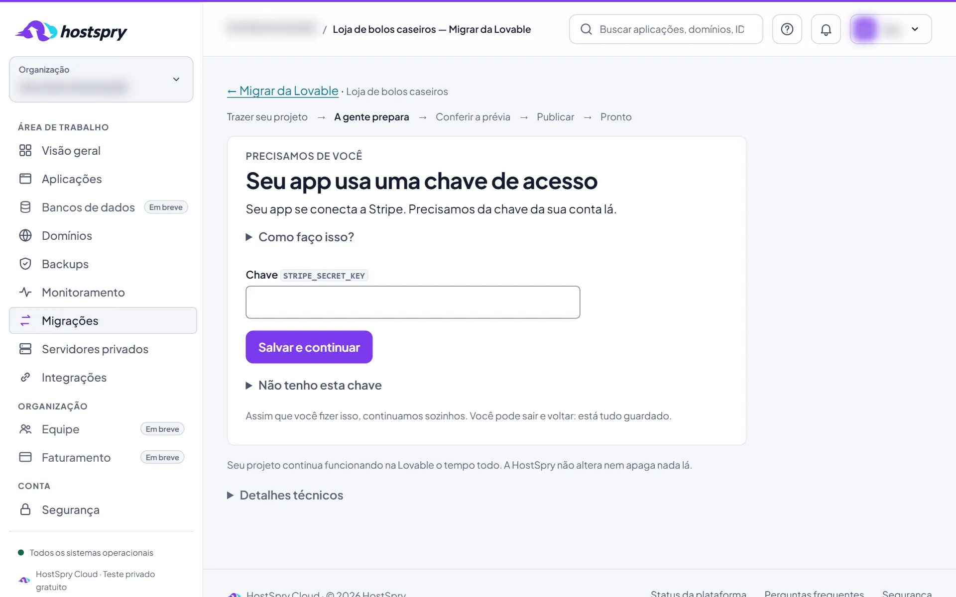 Captura da tela: Chaves de serviços