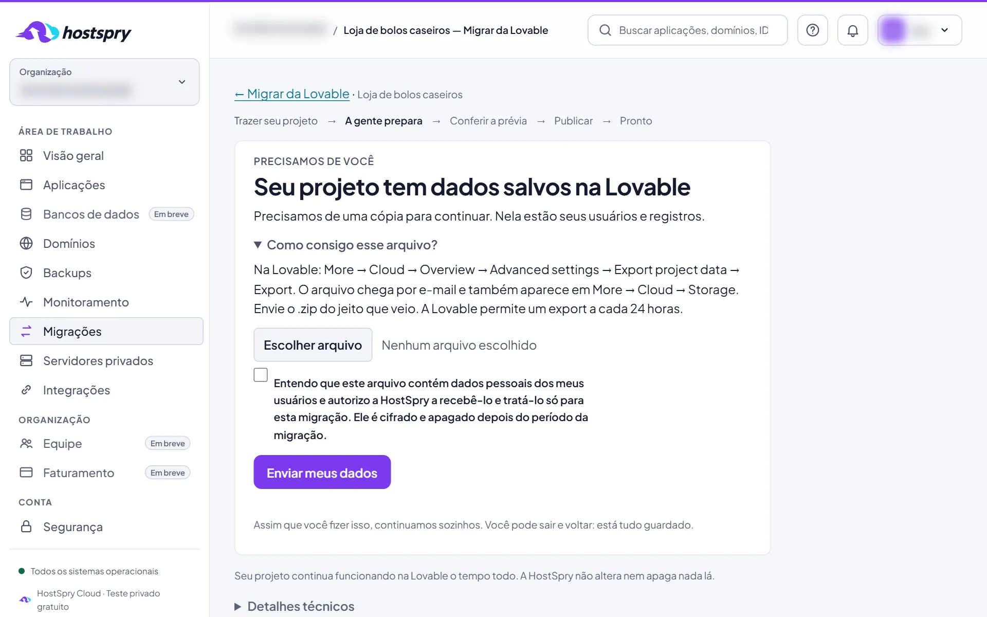 Captura da tela: Se o app tem dados salvos