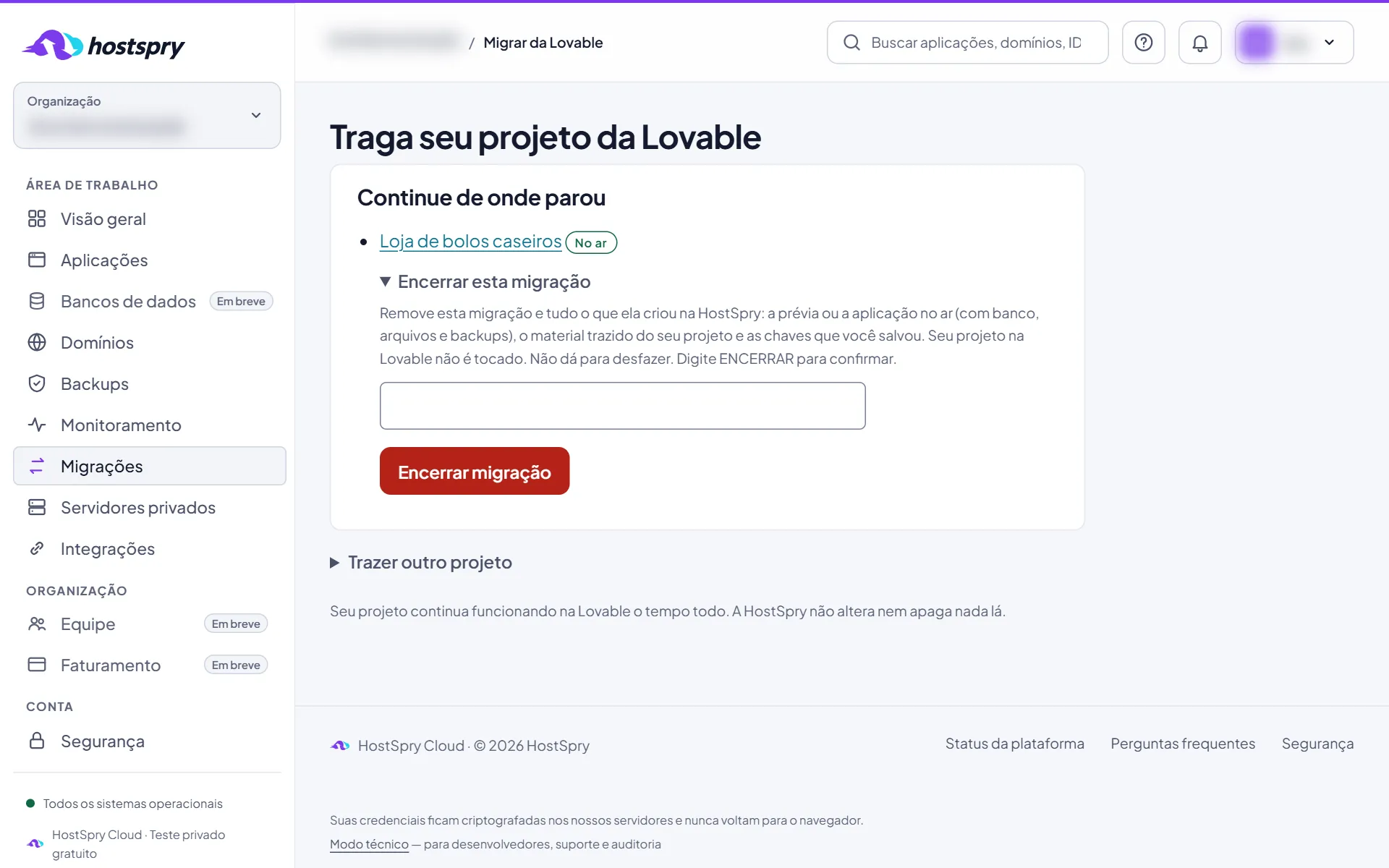 Captura da tela: Encerrar uma migração da Lovable