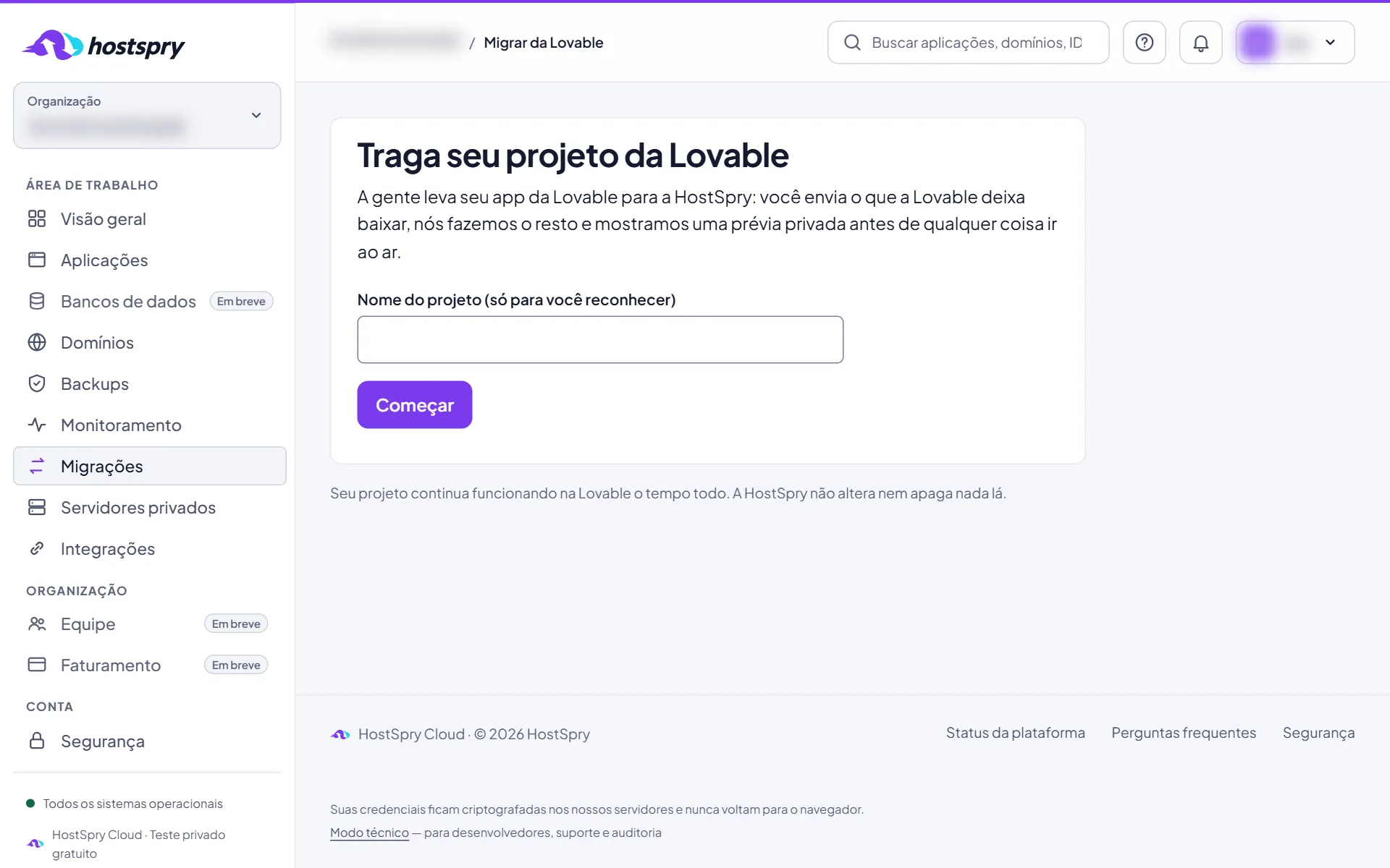 Captura da tela: Comece a migração