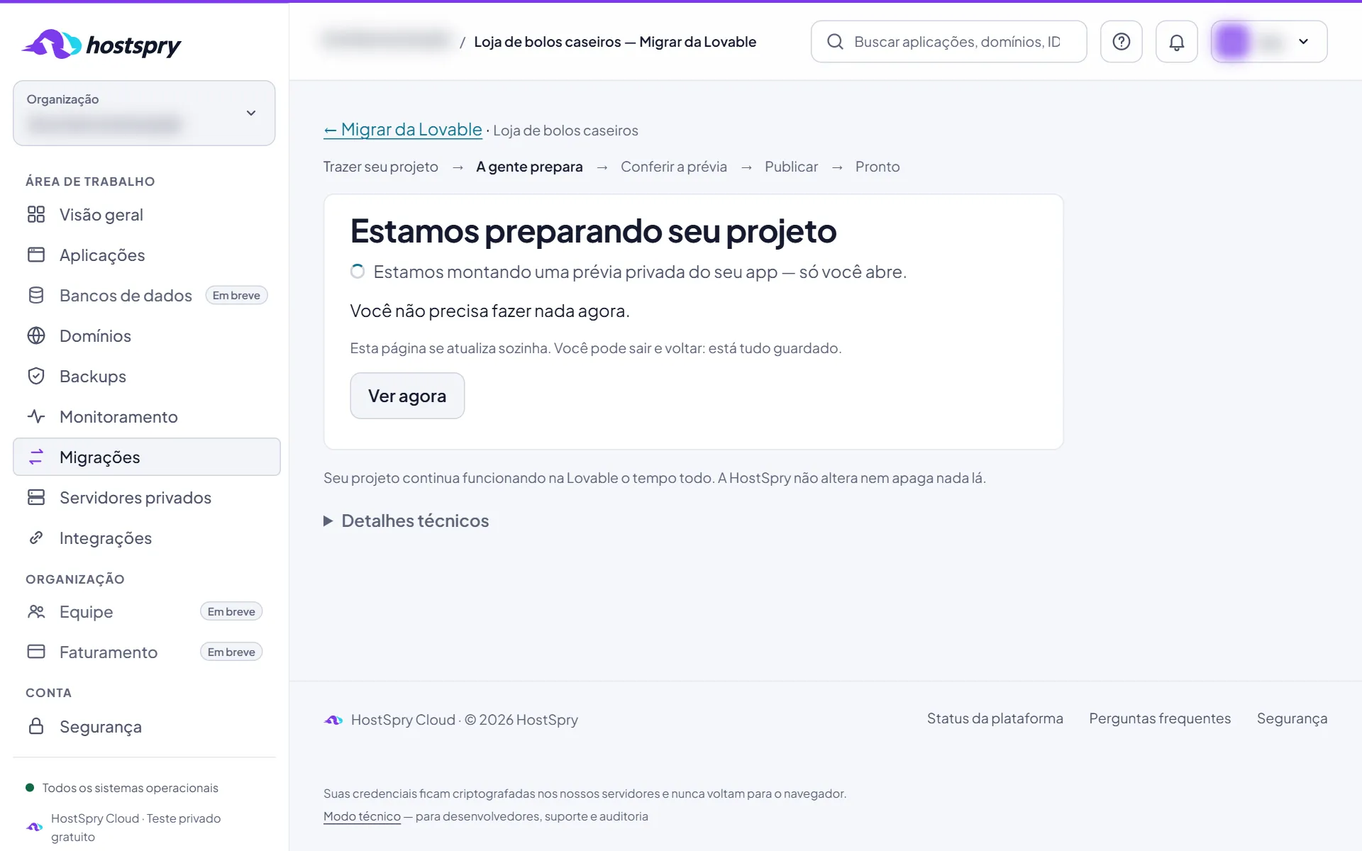 Captura da tela: A HostSpry prepara